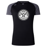 The White River Rugby Football Club Women's Elite Training Tee by WRS Canterbury is a black and gray short-sleeve, lightweight top with a circular "White River Rugby Indianapolis" logo—ideal for elite performance workouts.
