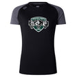 The Woodlands Youth Wolfpack Women's Elite Training Tee by WRS Canterbury is a lightweight, black and dark gray short-sleeve shirt with three wolf heads on the chest—ideal for comfort and performance on or off the field.