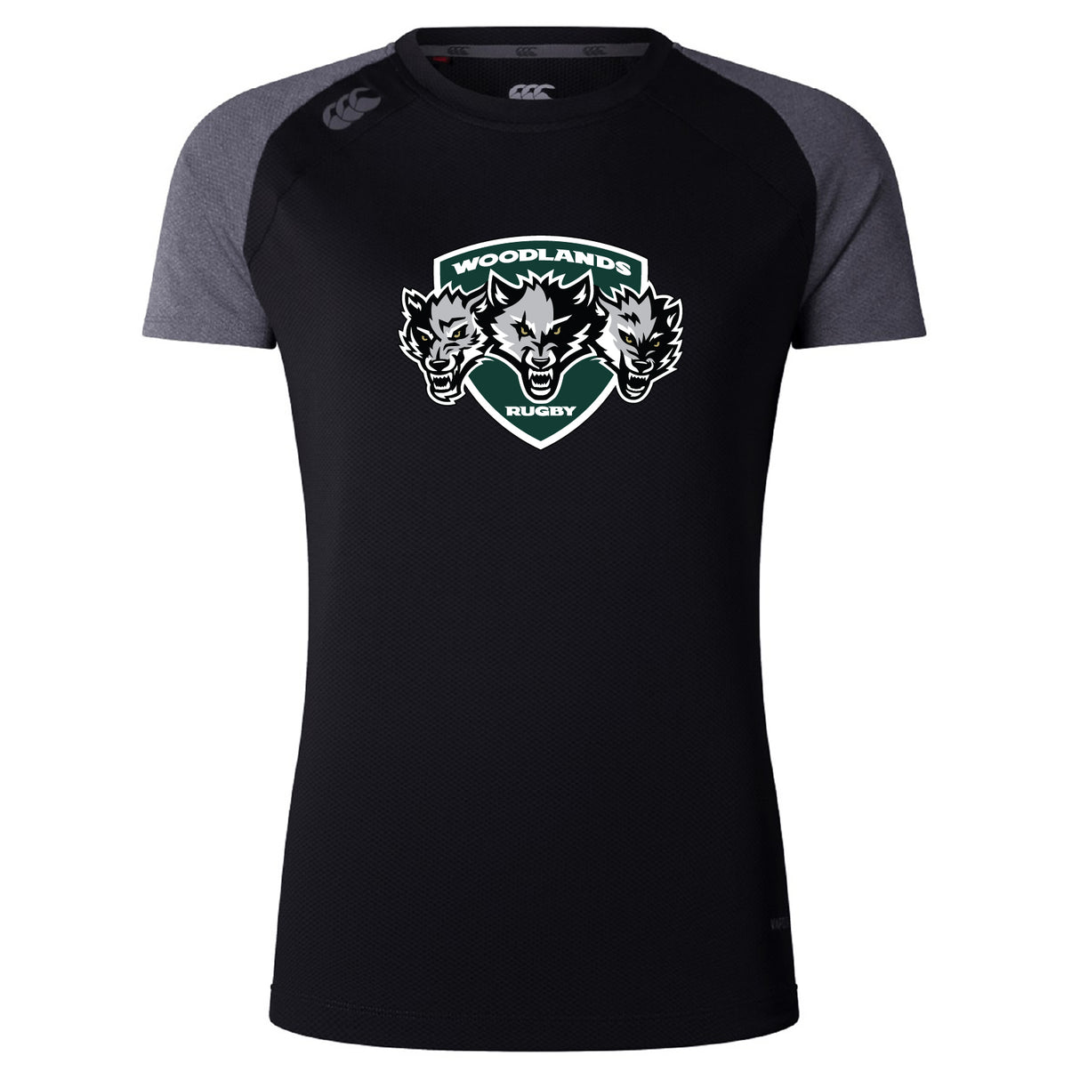 The Woodlands Youth Wolfpack Women's Elite Training Tee by WRS Canterbury is a lightweight, black and dark gray short-sleeve shirt with three wolf heads on the chest—ideal for comfort and performance on or off the field.