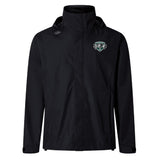The Woodlands Youth Wolfpack Elite Storm Jacket by EMB Canterbury is black with a left chest crest and right shoulder logo, shown on a white background. This waterproof jacket features Vaposhield tech for top weather protection.