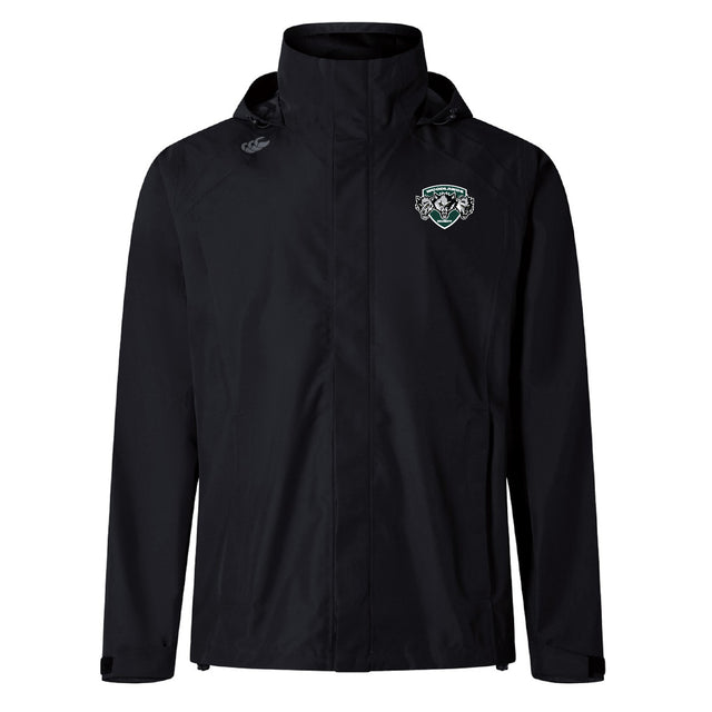The Woodlands Youth Wolfpack Elite Storm Jacket by EMB Canterbury is black with a left chest crest and right shoulder logo, shown on a white background. This waterproof jacket features Vaposhield tech for top weather protection.