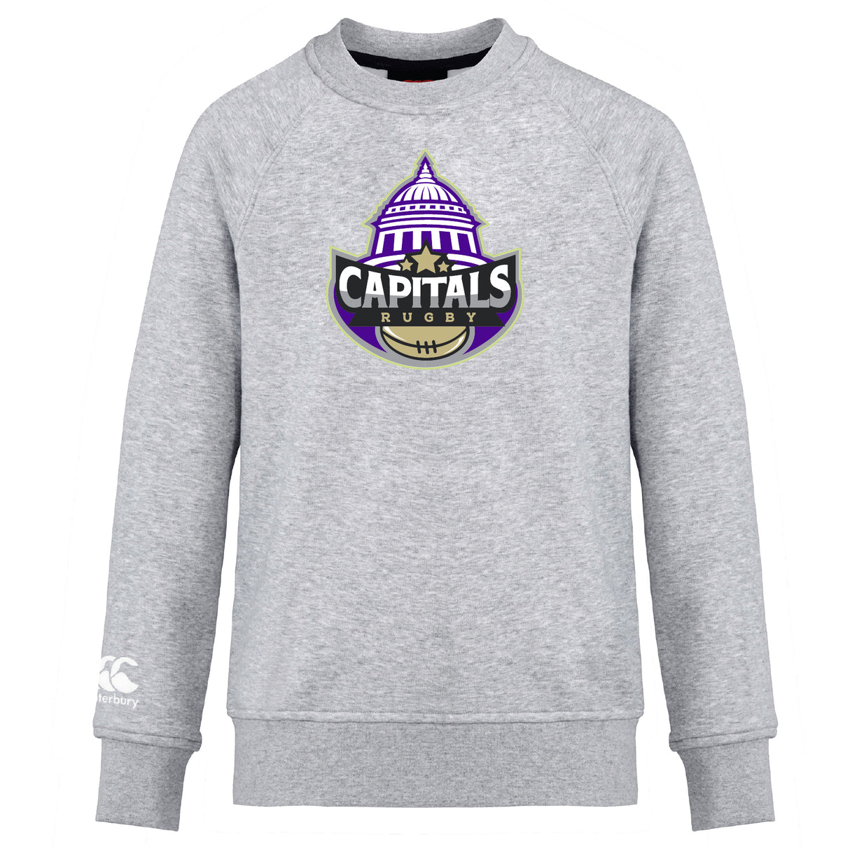 The Capitals Rugby NC Club Crew Sweatshirt by WRS Canterbury features a "Capitals Rugby" logo with a purple dome graphic on the chest, an embroidered CCC sleeve logo, and offers ultra-soft comfort and style.