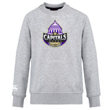 The Capitals Rugby NC Club Crew Sweatshirt by WRS Canterbury features a "Capitals Rugby" logo with a purple dome graphic on the chest, an embroidered CCC sleeve logo, and offers ultra-soft comfort and style.