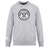 The White River Rugby Football Club Club Crew Sweatshirt by WRS Canterbury is a gray ultra-soft pullover with a circular "White River Rugby Indianapolis" chest logo and an embroidered CCC logo on the left sleeve.