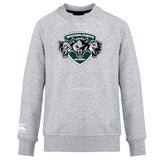 The Woodlands Youth Wolfpack Club Crew Sweatshirt by WRS Canterbury is an ultra soft, light gray crew with the embroidered "Woodlands Rugby" three-wolf-head logo on the chest and a small white Canterbury logo on the left sleeve.