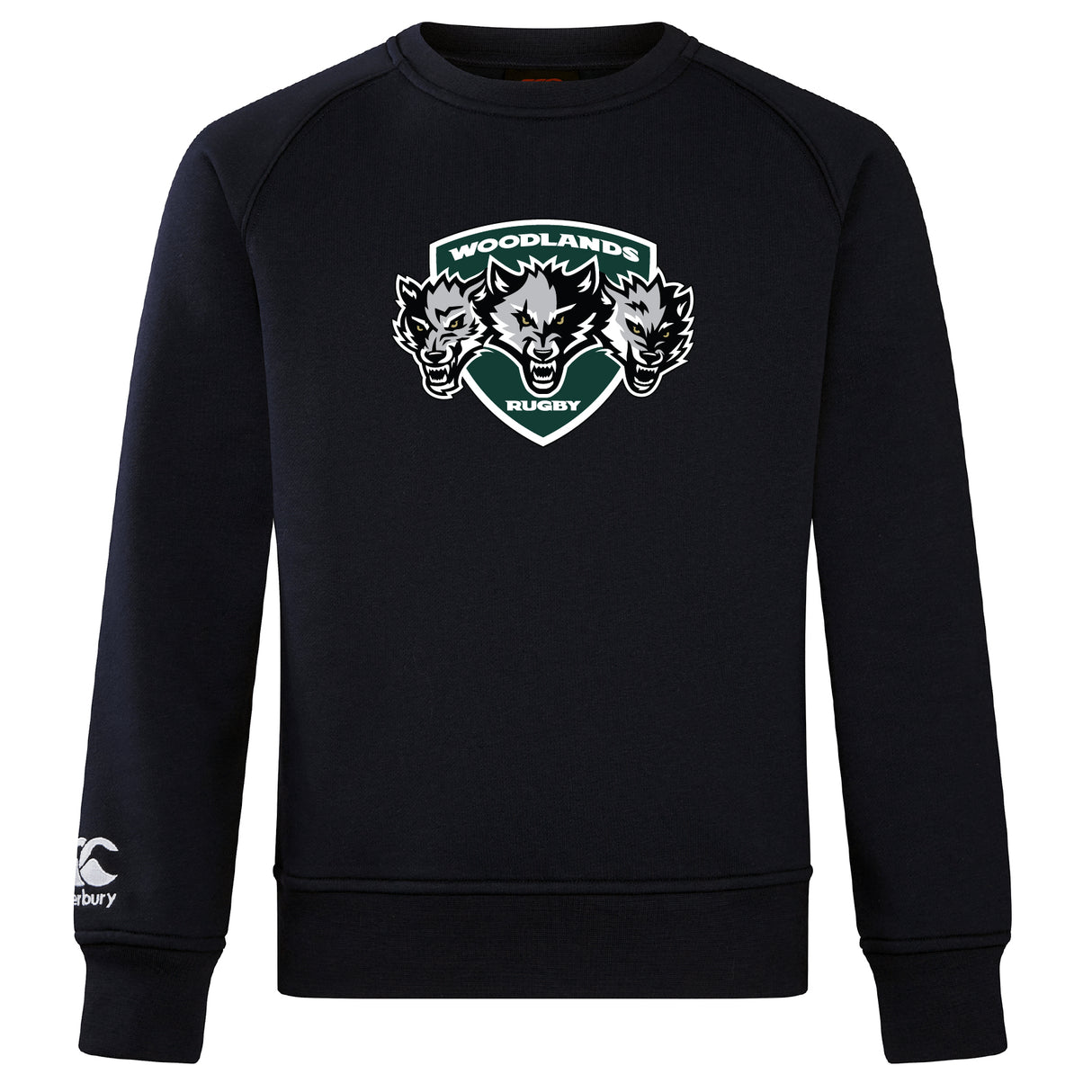 The Woodlands Youth Wolfpack Club Crew Sweatshirt by WRS Canterbury features a black ultra-soft design, embroidered "Woodlands Rugby" with three wolf heads on the chest, and a small Canterbury logo on the sleeve.