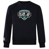 The Woodlands Youth Wolfpack Club Crew Sweatshirt by WRS Canterbury features a black ultra-soft design, embroidered "Woodlands Rugby" with three wolf heads on the chest, and a small Canterbury logo on the sleeve.