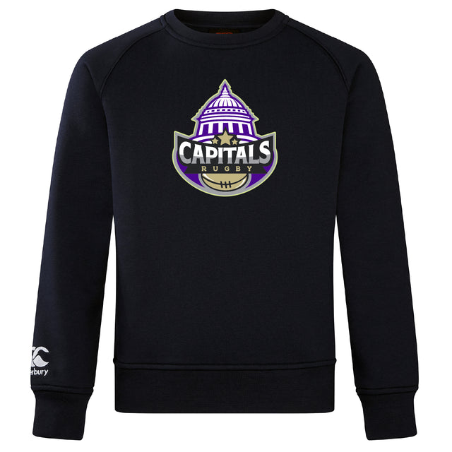 The Capitals Rugby NC Club Crew Sweatshirt by WRS Canterbury features a "Capitals Rugby" logo with a stylized capitol dome and stars, an embroidered CCC logo on the left sleeve, and ultra-soft fabric for comfort.