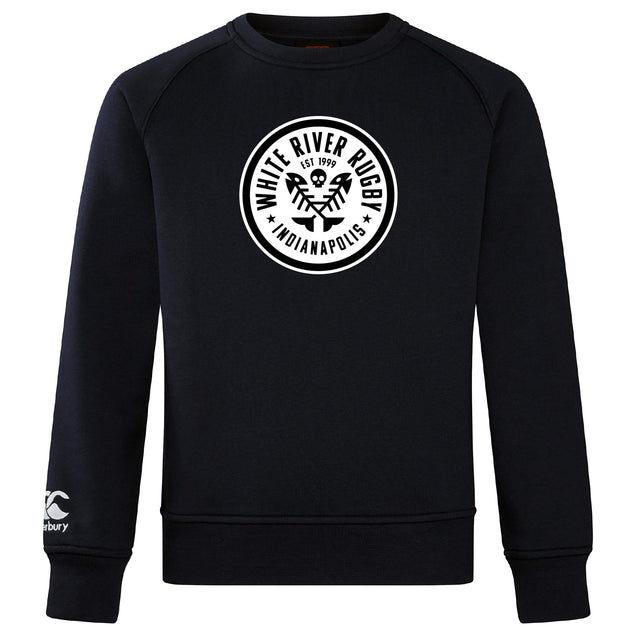The WRS Canterbury White River Rugby Football Club Club Crew Sweatshirt features a white chest logo and an embroidered CCC logo on the left sleeve, combining ultra-soft comfort with classic style.
