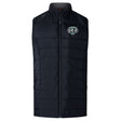 The Woodlands Youth Wolfpack Elite Microlite Gilet by EMB Canterbury is a black, sleeveless sports vest with front zipper and a green and white embroidered logo on the left chest, offering warmth and style for active days.