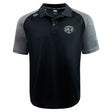 The Woodlands Youth Wolfpack Elite Polo by EMB Canterbury features black and gray Vapodri fabric for a lightweight feel, a button-up collar, embroidered left chest logo, and additional branding on the right shoulder and collar.