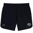 The EMB Canterbury Woodlands Youth Wolfpack Women's Elite Woven Short features a black design with a logo on the left leg, an emblem near the right hem, and zippered pockets for secure storage.
