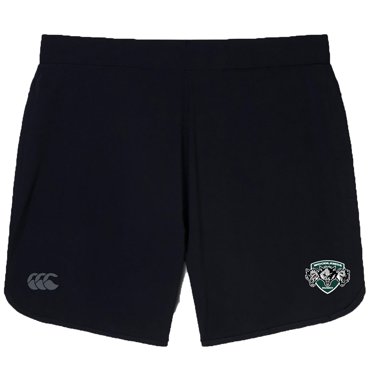 The EMB Canterbury Woodlands Youth Wolfpack Women's Elite Woven Short features a black design with a logo on the left leg, an emblem near the right hem, and zippered pockets for secure storage.