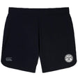 The EMB Canterbury White River Rugby Football Club Elite Woven Short features a plain black design, small white club logo on the left leg, grey CCC logo on the right, and zippered pockets for secure storage during training.
