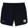 The EMB Canterbury White River Rugby Football Club Elite Woven Short features a plain black design, small white club logo on the left leg, grey CCC logo on the right, and zippered pockets for secure storage during training.