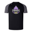 The Capitals Rugby NC Elite Training Tee by WRS Canterbury features a purple, white, and gold "Capitals Rugby" dome logo on black and dark gray Vapodri fabric for lightweight durability and performance.