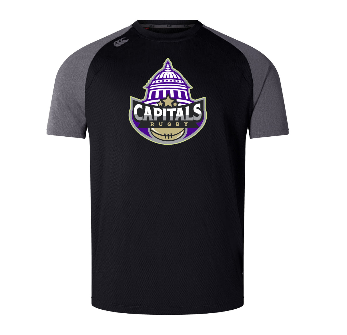 The Capitals Rugby NC Elite Training Tee by WRS Canterbury features a purple, white, and gold "Capitals Rugby" dome logo on black and dark gray Vapodri fabric for lightweight durability and performance.