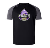The Capitals Rugby NC Elite Training Tee by WRS Canterbury features a purple, white, and gold "Capitals Rugby" dome logo on black and dark gray Vapodri fabric for lightweight durability and performance.