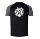 The WRS Canterbury White River Rugby Football Club Elite Training Tee is a black and gray short-sleeve shirt with a white "White River Rugby Indianapolis" logo, crafted from lightweight Vapodri fabric for superior comfort during training.