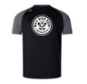 The WRS Canterbury White River Rugby Football Club Elite Training Tee is a black and gray short-sleeve shirt with a white "White River Rugby Indianapolis" logo, crafted from lightweight Vapodri fabric for superior comfort during training.