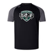 The Woodlands Youth Wolfpack Elite Training Tee by WRS Canterbury is a black/gray short-sleeve top with three wolf heads and a "Woodlands Rugby" logo, made from lightweight Vapodri fabric for comfort and performance.