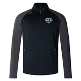 The Woodlands Youth Wolfpack Elite 1/4 Zip Top by EMB Canterbury features black and gray colors, long sleeves, zippered pockets, an embroidered crest logo on the left chest, and a sleek performance quarter zip design.