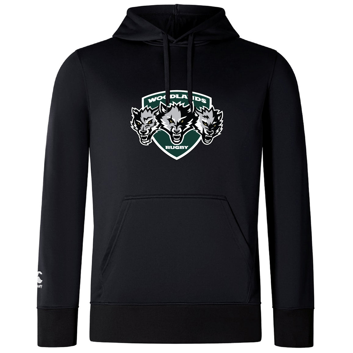 The Woodlands Youth Wolfpack Club Lightweight Hoodie by WRS Canterbury is a black hoodie with a "Woodlands Rugby" logo featuring three wolf heads on the front and an embroidered CCC logo on the left sleeve.
