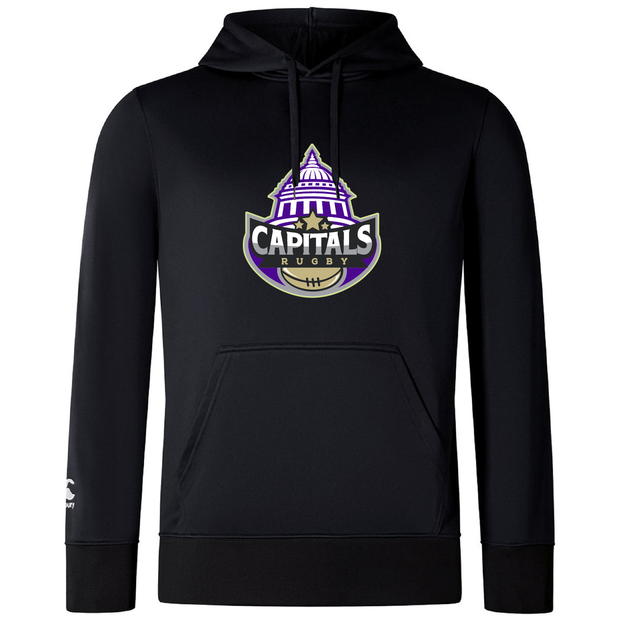 The Capitals Rugby NC Club Lightweight Hoodie by WRS Canterbury is a black lightweight hoodie with a kangaroo pocket, drawstring hood, and "Capitals Rugby" logo featuring a purple-domed building and rugby ball on the chest.
