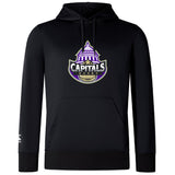 The Capitals Rugby NC Club Lightweight Hoodie by WRS Canterbury is a black lightweight hoodie with a kangaroo pocket, drawstring hood, and "Capitals Rugby" logo featuring a purple-domed building and rugby ball on the chest.