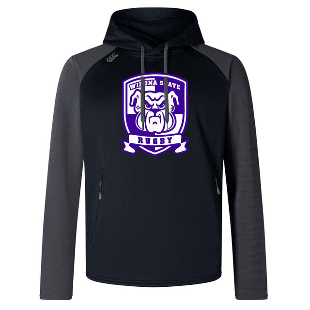 The Winona State University Elite Training Hoody by WRS Canterbury, specially crafted for both performance and comfort, proudly displays a "Willona State Rugby" logo with a bulldog on the chest. Styled in black and gray, this hoodie combines fashion with sustainability by using lower impact materials.