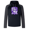 The Winona State University Elite Training Hoody by WRS Canterbury, specially crafted for both performance and comfort, proudly displays a "Willona State Rugby" logo with a bulldog on the chest. Styled in black and gray, this hoodie combines fashion with sustainability by using lower impact materials.