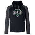 The Woodlands Youth Wolfpack Elite Training Hoody by WRS Canterbury features black and gray colors with a three-wolf "Woodlands Rugby" logo—premium sportswear ideal for young fans and athletes.