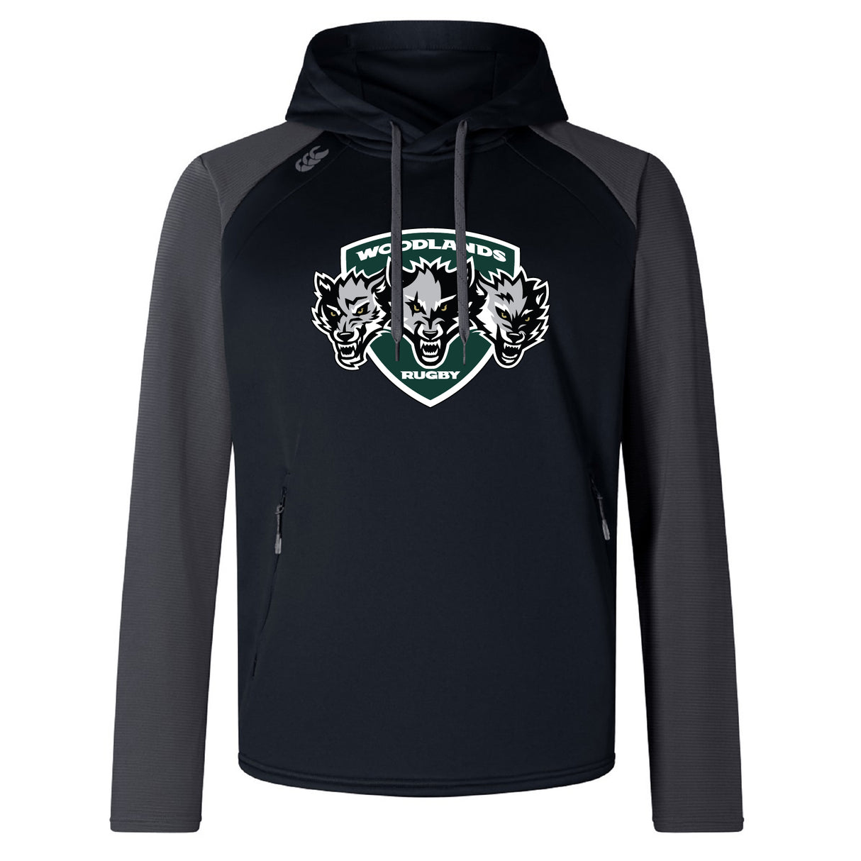 The Woodlands Youth Wolfpack Elite Training Hoody by WRS Canterbury features black and gray colors with a three-wolf "Woodlands Rugby" logo—premium sportswear ideal for young fans and athletes.