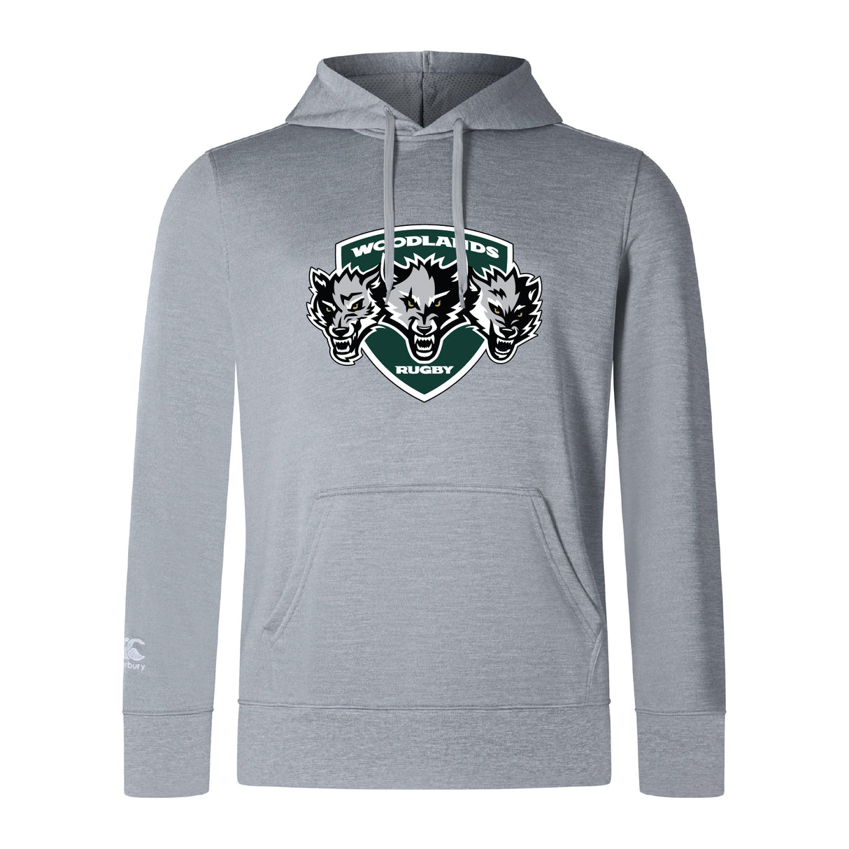 The Woodlands Youth Wolfpack Club Lightweight Hoodie by WRS Canterbury features a light gray design with a green shield logo of three wolf heads and an embroidered CCC logo for classic rugby style.