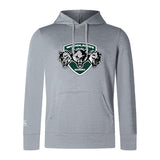 The Woodlands Youth Wolfpack Club Lightweight Hoodie by WRS Canterbury features a light gray design with a green shield logo of three wolf heads and an embroidered CCC logo for classic rugby style.