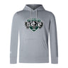 The Woodlands Youth Wolfpack Club Lightweight Hoodie by WRS Canterbury features a light gray design with a green shield logo of three wolf heads and an embroidered CCC logo for classic rugby style.