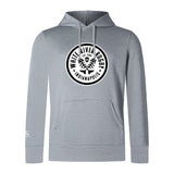 The White River Rugby Football Club Club Lightweight Hoodie by WRS Canterbury is light gray with a kangaroo pocket and a circular black and white "White River Rugby Indianapolis" chest logo.