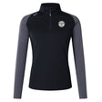 The EMB Canterbury White River Rugby Football Club Women's Elite First Layer is a black long-sleeve quarter-zip pullover with gray sleeves and a circular chest logo, ideal for training or casual wear.