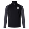 The EMB Canterbury White River Rugby Football Club Elite First Layer is a black and dark gray VapoDri quarter-zip pullover with a white circular crest on the chest—perfect as a rugby training top.