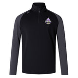 The EMB Canterbury Capitals Rugby NC Elite First Layer is a black training top with dark gray sleeves, a quarter-zip, VapoDri technology, and a Sacramento Capitals chest emblem.