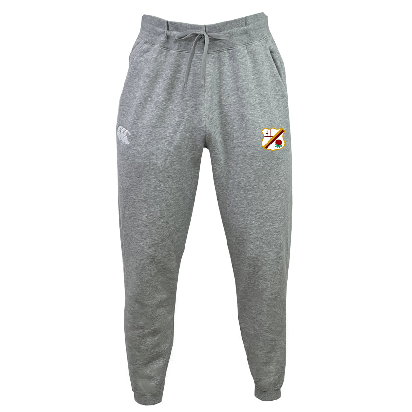 Williams College RFC Leisure Sweatpant by EMB Canterbury, constructed from recycled polyester in gray, includes a drawstring waist and showcases a logo on the left side along with a crest on the right side.