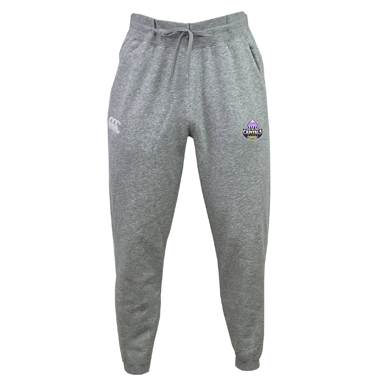 The Capitals Rugby NC Leisure Sweatpant by EMB Canterbury features soft recycled polyester fleece, an elastic waistband with drawstring, the Canterbury logo, and a purple Melbourne Storm emblem on the left thigh.