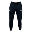 The Woodlands Youth Wolfpack Leisure Sweatpant by EMB Canterbury features black organic cotton, an elastic waistband, drawstring, and two embroidered logos on the upper thighs, shown against a plain white background.