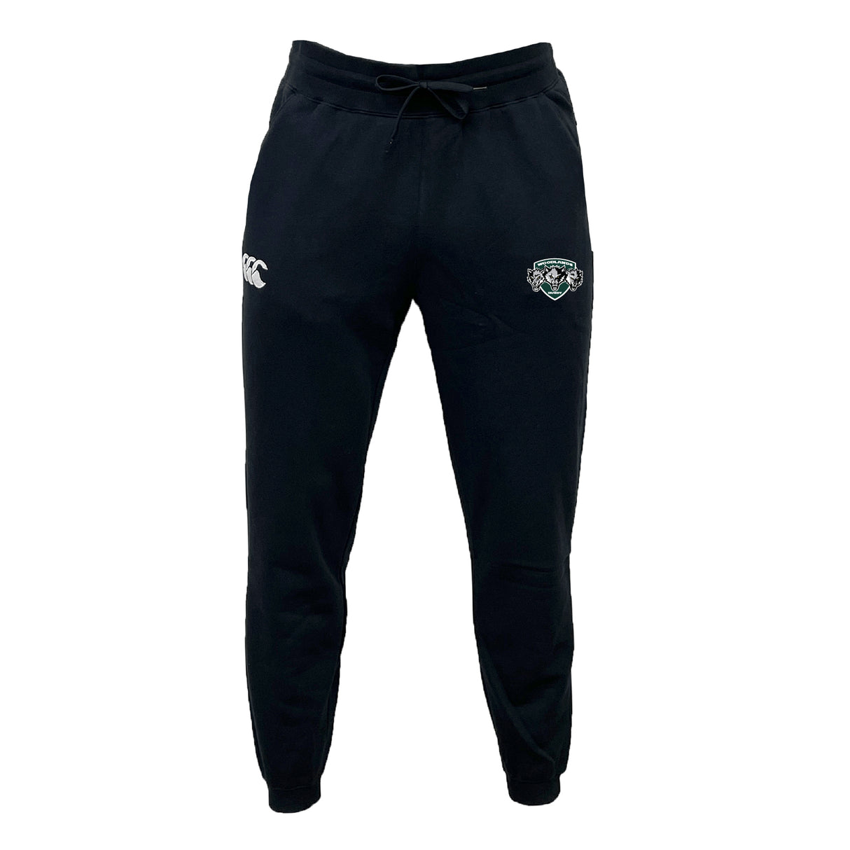 The Woodlands Youth Wolfpack Leisure Sweatpant by EMB Canterbury features black organic cotton, an elastic waistband, drawstring, and two embroidered logos on the upper thighs, shown against a plain white background.