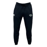 The Woodlands Youth Wolfpack Leisure Sweatpant by EMB Canterbury features black organic cotton, an elastic waistband, drawstring, and two embroidered logos on the upper thighs, shown against a plain white background.