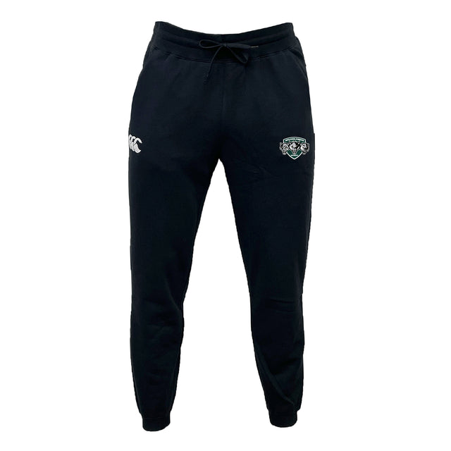 The Woodlands Youth Wolfpack Leisure Sweatpant by EMB Canterbury features black organic cotton, an elastic waistband, drawstring, and two embroidered logos on the upper thighs, shown against a plain white background.