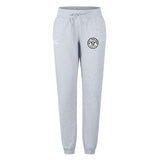 The White River Rugby Football Club Women's Leisure Sweatpant by EMB Canterbury features light gray organic cotton, an elastic waistband with front tie, cuffed ankles, and a black and white emblem on the upper left leg for stylish comfort.