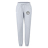 The White River Rugby Football Club Women's Leisure Sweatpant by EMB Canterbury features light gray organic cotton, an elastic waistband with front tie, cuffed ankles, and a black and white emblem on the upper left leg for stylish comfort.