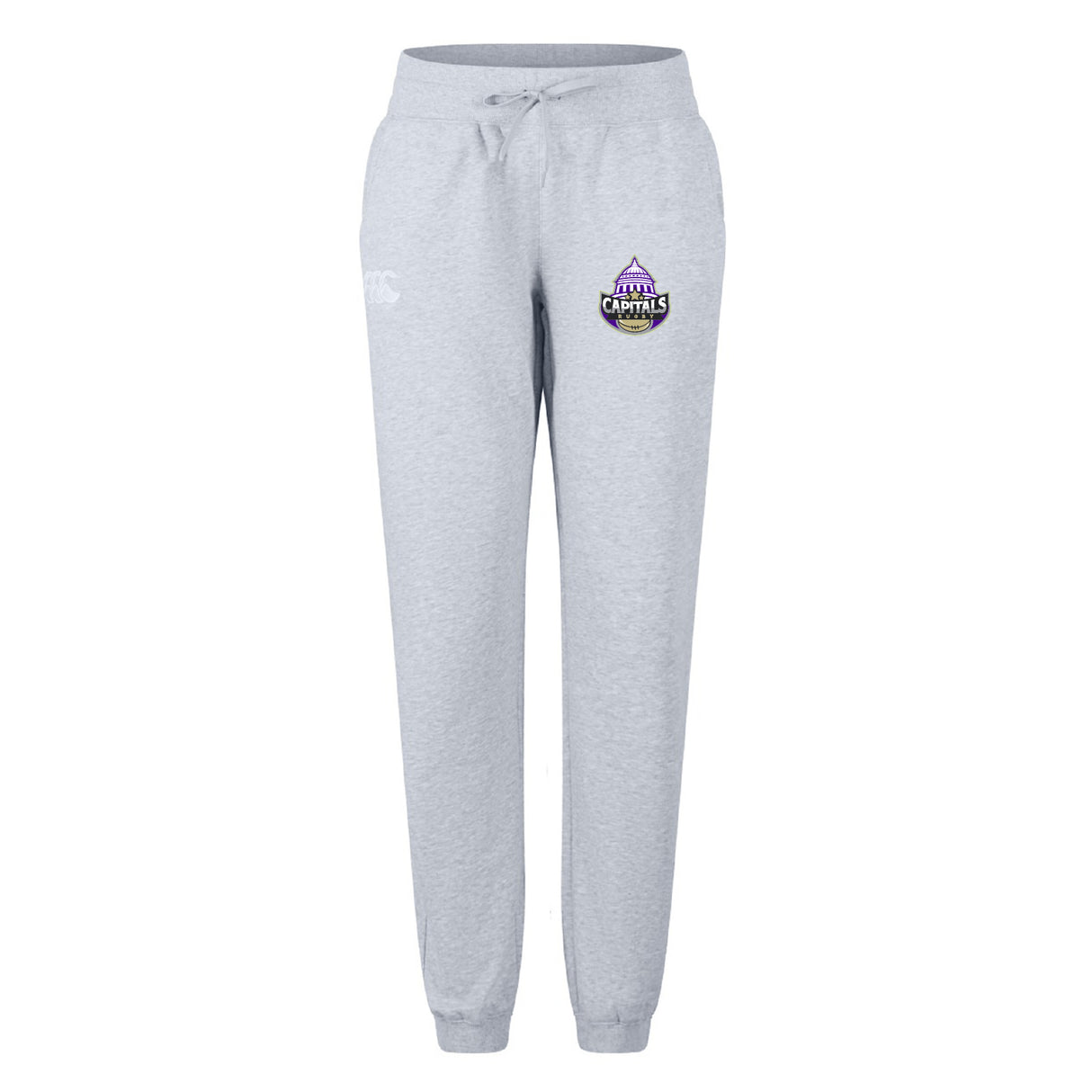 The Capitals Rugby NC Women's Leisure Sweatpant by EMB Canterbury features light gray organic cotton, a drawstring waist, ribbed cuffs, and a small purple and black "Capitals" logo on the upper left thigh for comfortable, stylish wear.