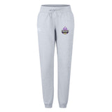 The Capitals Rugby NC Women's Leisure Sweatpant by EMB Canterbury features light gray organic cotton, a drawstring waist, ribbed cuffs, and a small purple and black "Capitals" logo on the upper left thigh for comfortable, stylish wear.